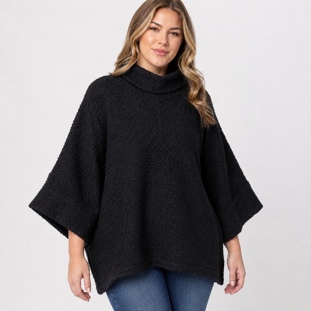 Coco + Carmen O/S Black Boucle Cowl Neck‎ Poncho Sweater 3/4 Sleeve Oversized